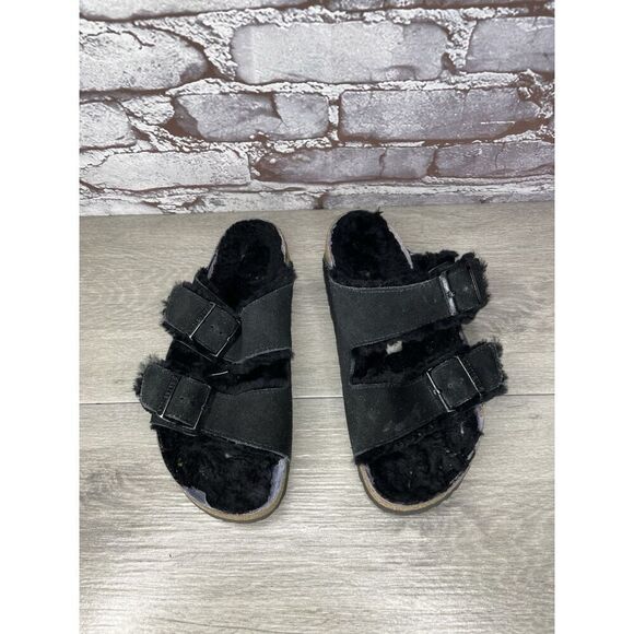 Birkenstock Arizona Black Suede Fur Cork Slides Sandals Women’s Sz 37EU/6.5M US - Picture 11 of 16
